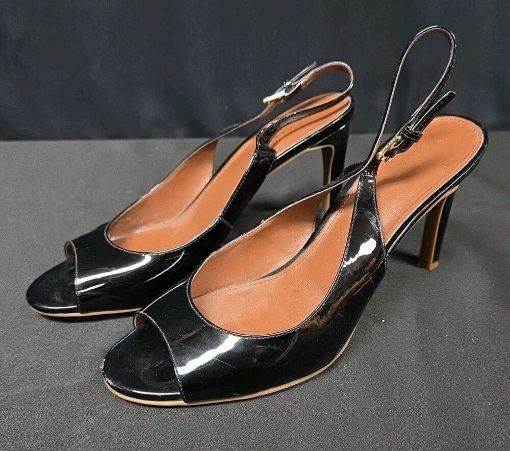 Cole Haan Juliana Patent Leather Slingback Pump Sz 8 Heels Peep Toe Black EUC